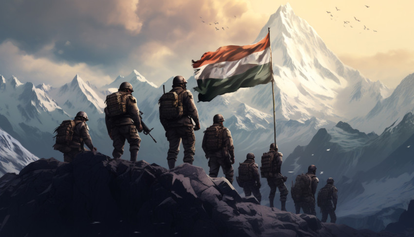 Indian armed forces on top while holding an indian flag