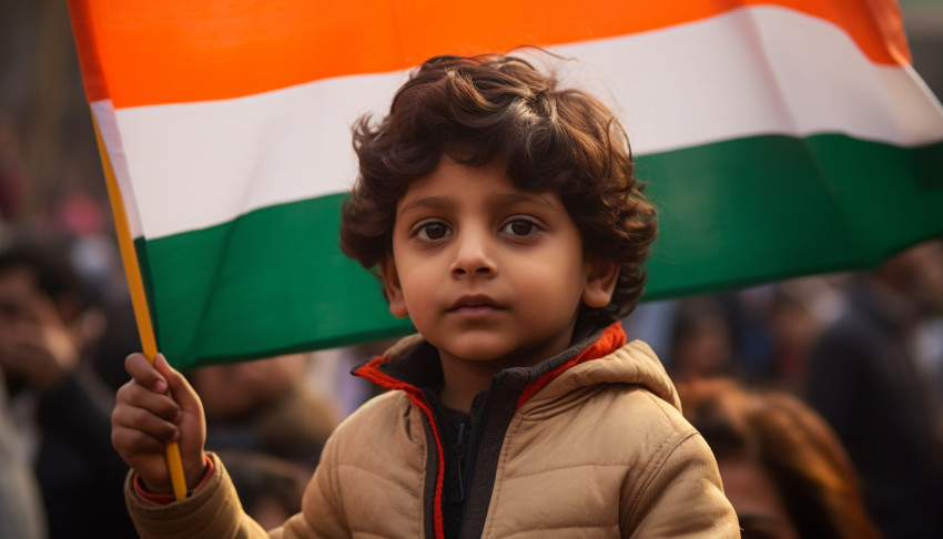 Little boy holding tricolor flag on the occasion of vijay diwas