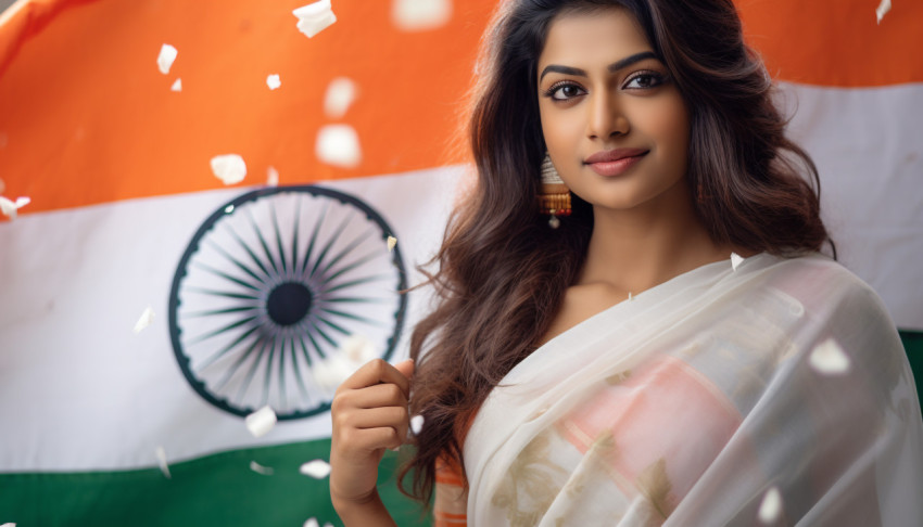 An Indian woman is holding an indian flag