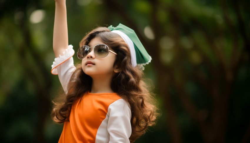 A young girl wearing a patriotic outfit and saluting