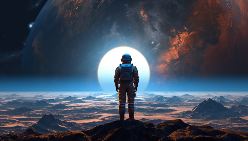 An astronaut stands in front of an earth and stars