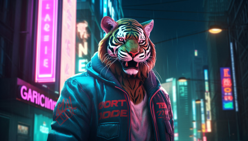 A tiger in a leather jacket stands in the street in front of a n