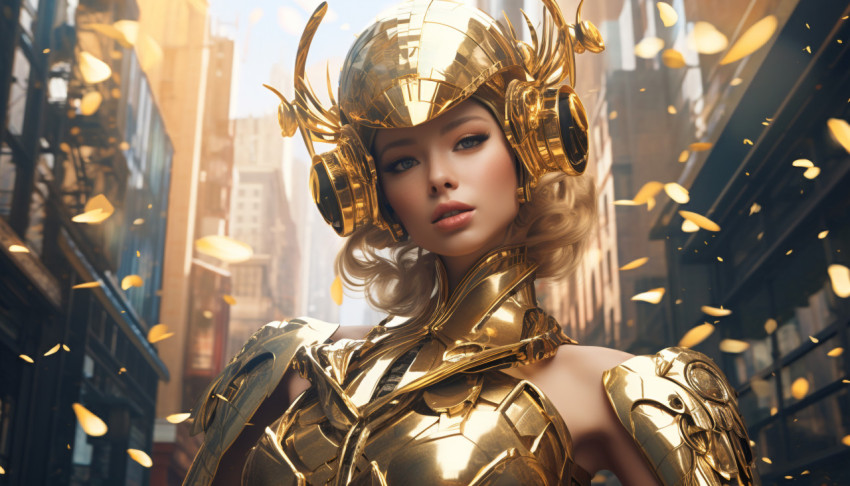 A golden woman wearing a robot outfit