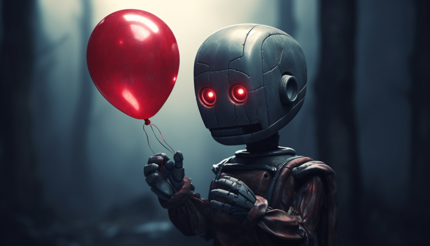 A small robot holding a red balloon