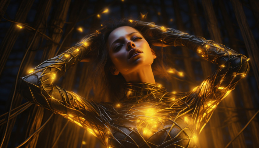 Human woman wrapped in wires and golden lights