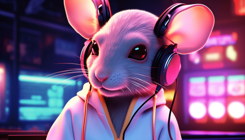 A tyleno mouse is wearing headphones and wearing sunglasses