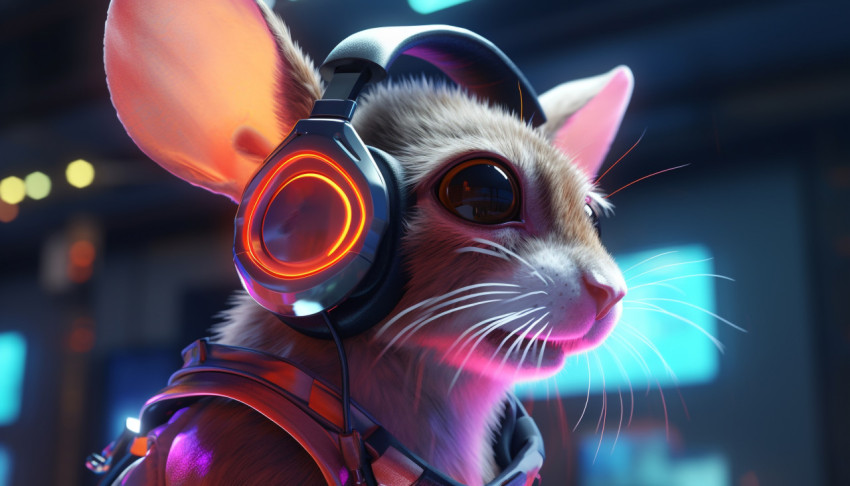 A mouse with headphones is in neon glow