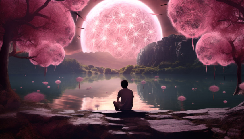 The person is sitting next to a water full of dandelion flowers