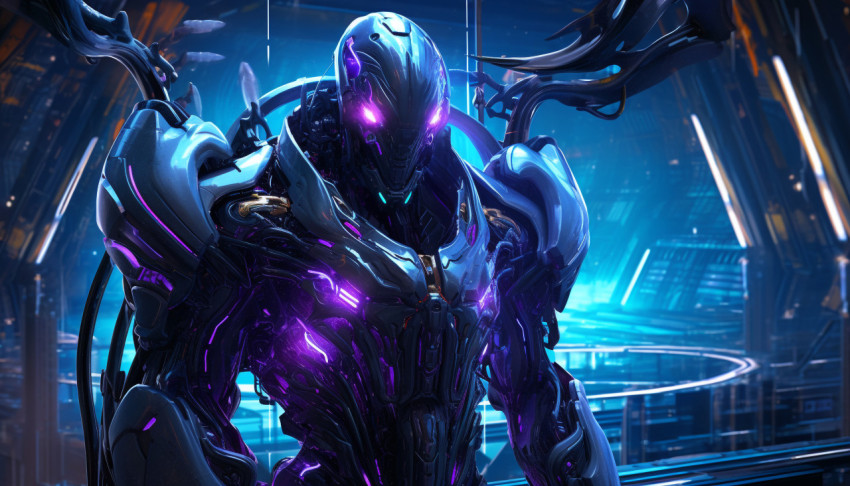 A futuristic robot dressed in and light