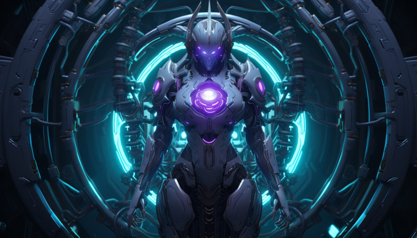 Futuristic robot in glowing armor