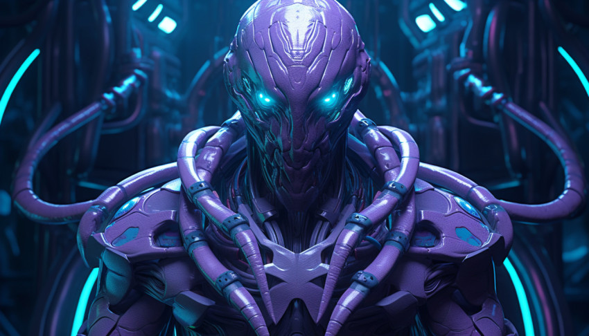 A photo of a futuristic robot with blue lights