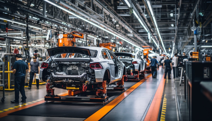 A photo of a assembly line with cars in various stages of produc