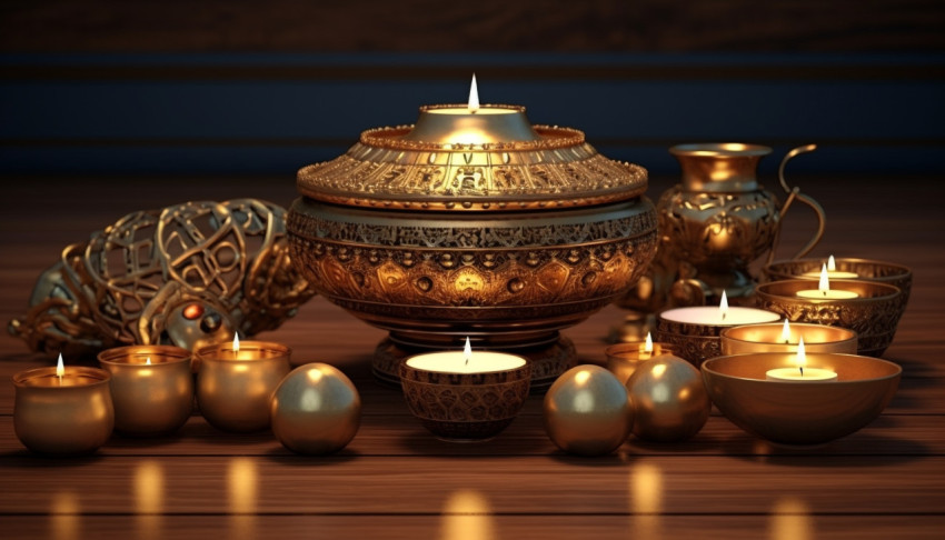 Oriental candles and a gold bowl on a wooden surface Oriental candles and a gold bowl on a wooden surface
