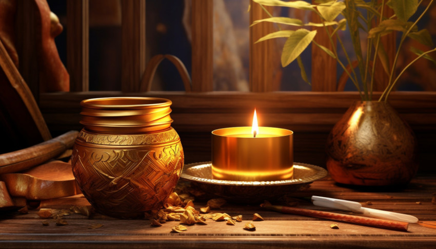 Beautiful gold candle and candle in gold pot on a wooden table Beautiful gold candle and candle in gold pot on a wooden table