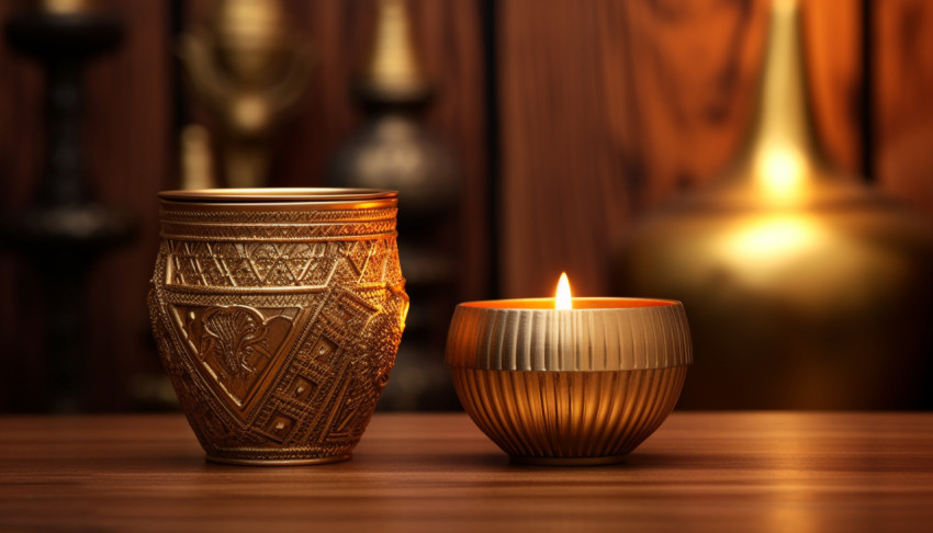 Golden Candle in Pot on Wooden Table Golden Candle in Pot on Wooden Table
