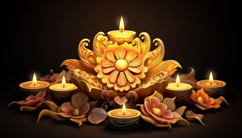 Diya Lamp and Candles in Festive Colors Diya Lamp and Candles in Festive Colors