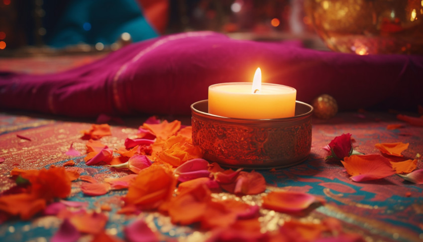 A lit candle on the ground with colorful decor A lit candle on the ground with colorful decor