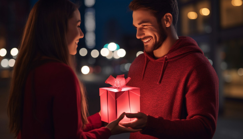 A man and a woman holding a gift box outdoors at night A man and a woman holding a gift box outdoors at night