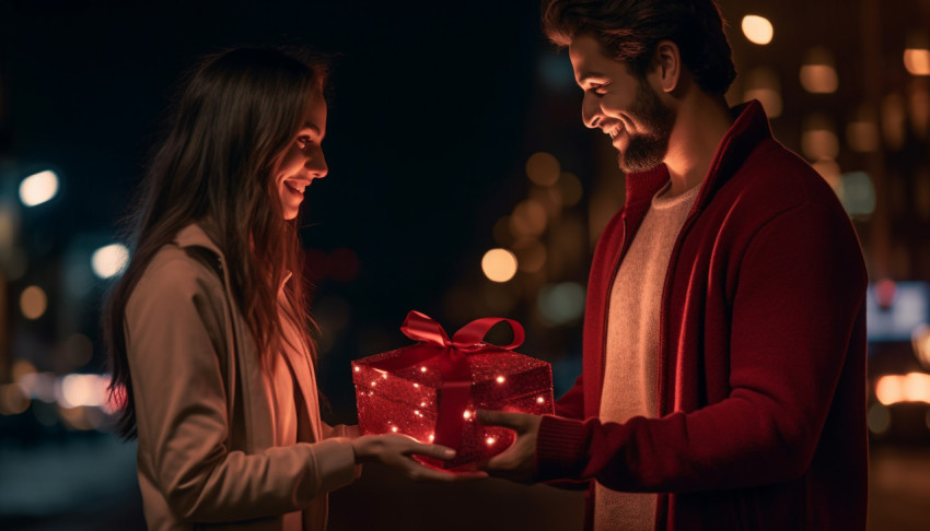 Couple Holding Gift Box at Night Couple Holding Gift Box at Night