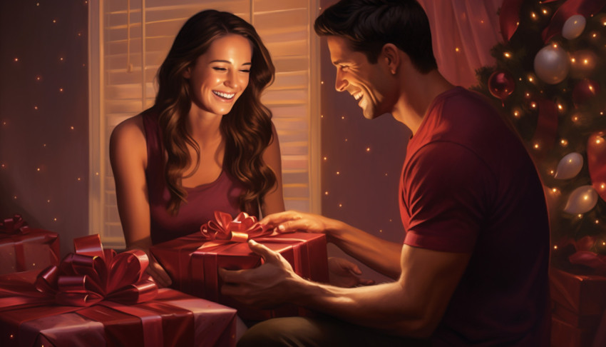 Couples with gifts looking at the presents and smiling Couples with gifts looking at the presents and smiling