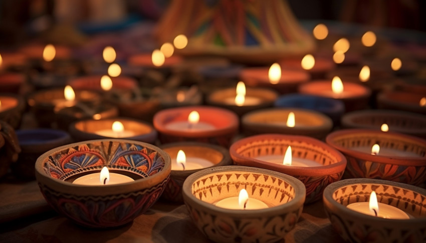 Candles were lit inside trays of clay dishes in india Candles were lit inside trays of clay dishes in india