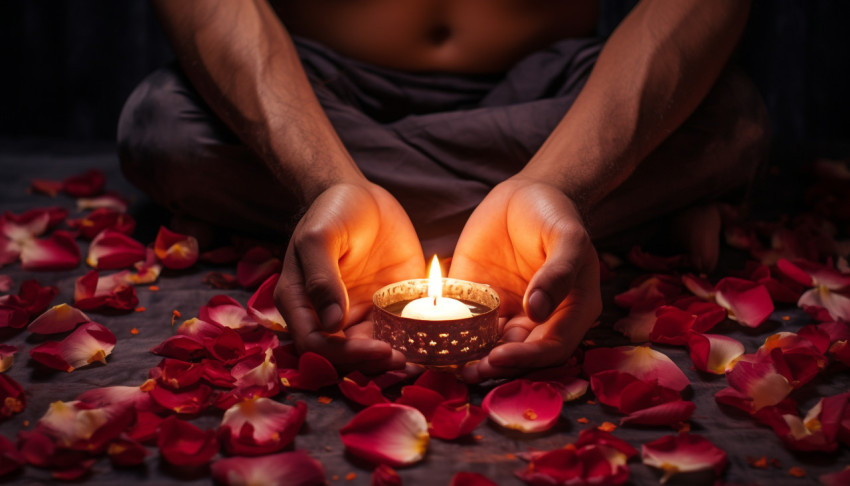 A hand holding a two lit candles while laying on top of petals