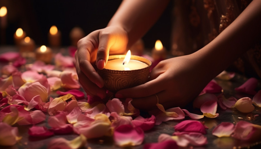 Hand placing a candle on petals Hand placing a candle on petals