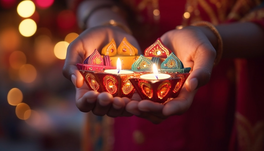 Hand holding and arranging lantern diya during diwali festival o Hand holding and arranging lantern diya during diwali festival o