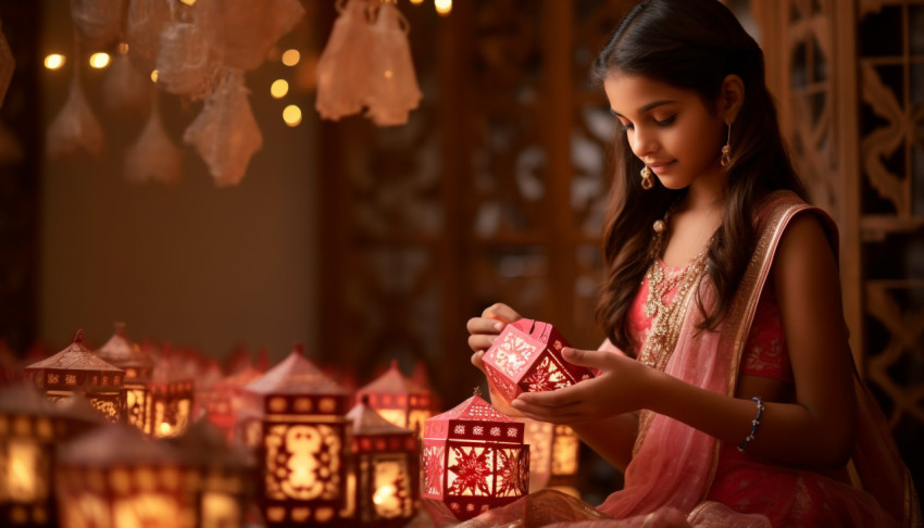 A girl in ethnic clothing is holding an indian paper lamps A girl in ethnic clothing is holding an indian paper lamps