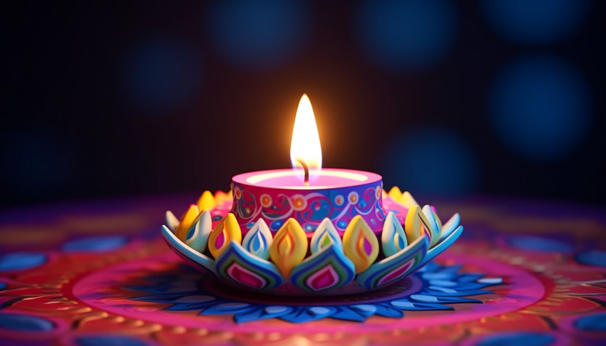 A beautiful diya lit up with yellow oil lamp in a patterned desi A beautiful diya lit up with yellow oil lamp in a patterned desi