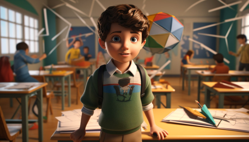 3d Cartoon Boy Learning in Class