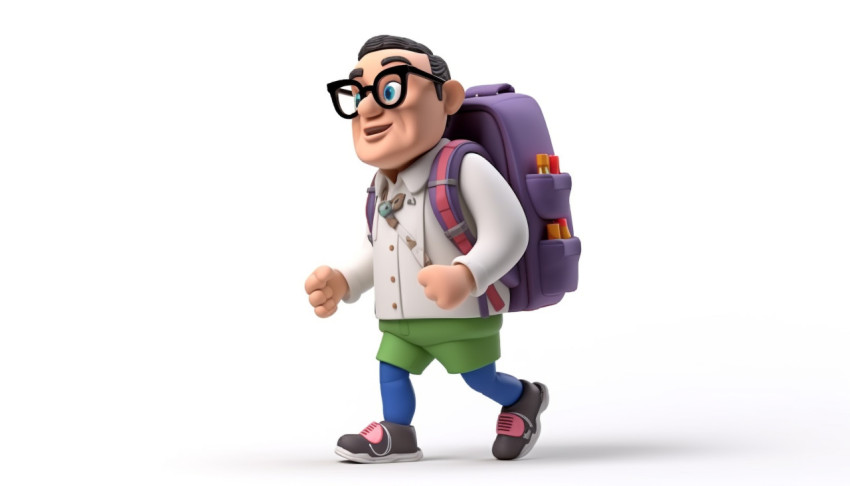 Character in Glasses and Backpack Walking