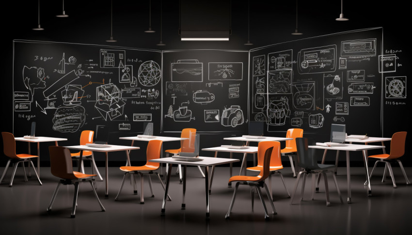 a classroom with a black wall and white tables