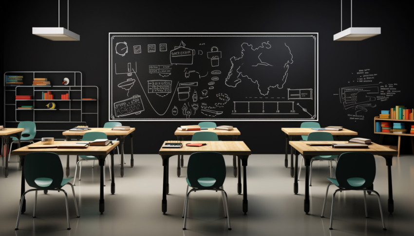 Classroom Interior with Dark Walls and Light Furniture