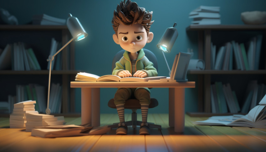 a boy sits at a desk in front of a book