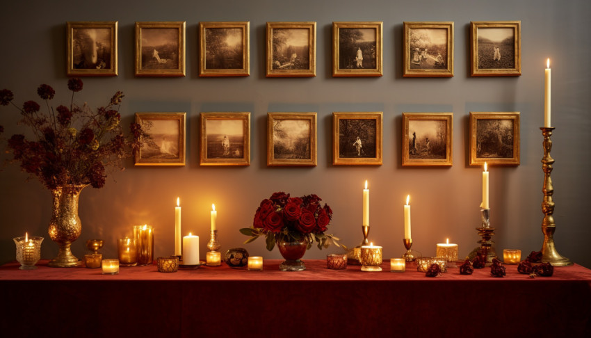 table with several brass candle holders table with several brass candle holders