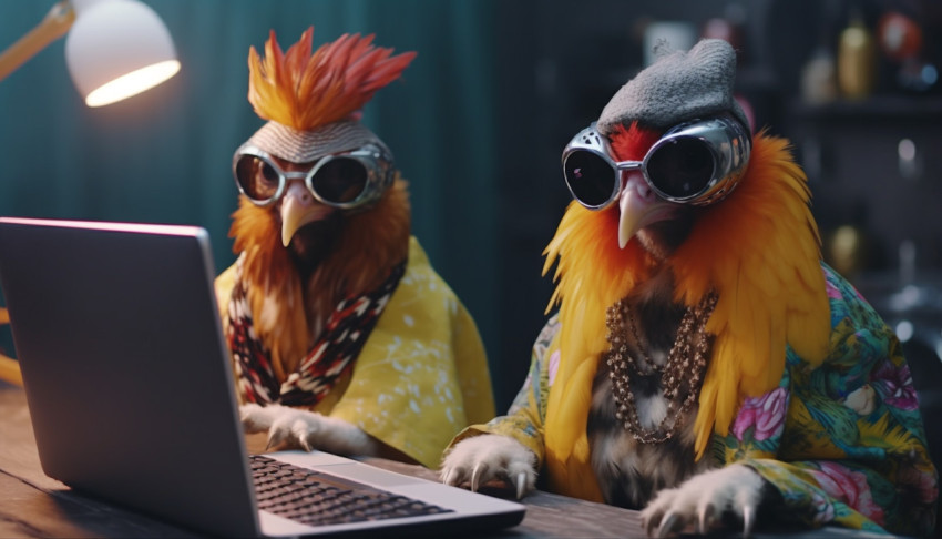 two chickens in glasses are working on a laptop