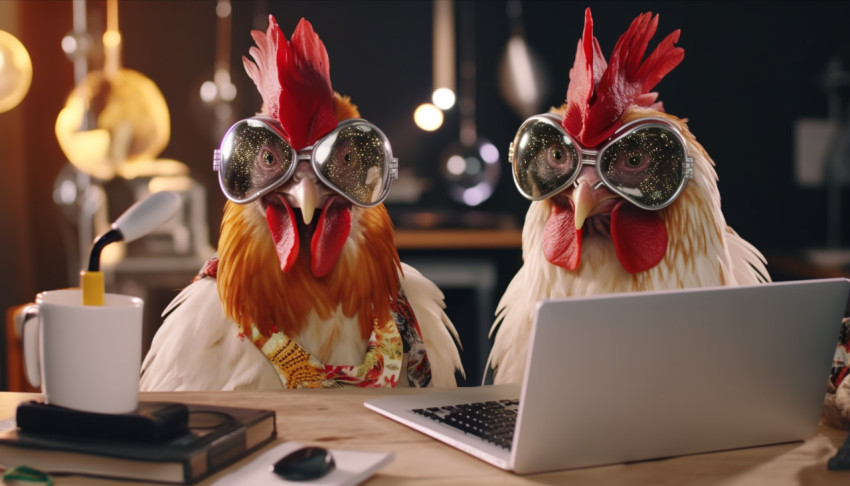 two chicken in front of a laptop in glasses