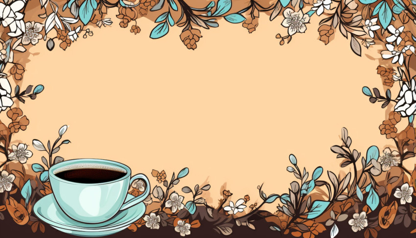coffee cup and flower border with brown background