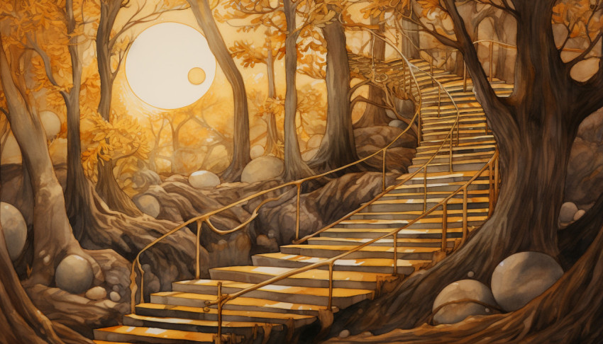 a painting of stairs leading in to a forest