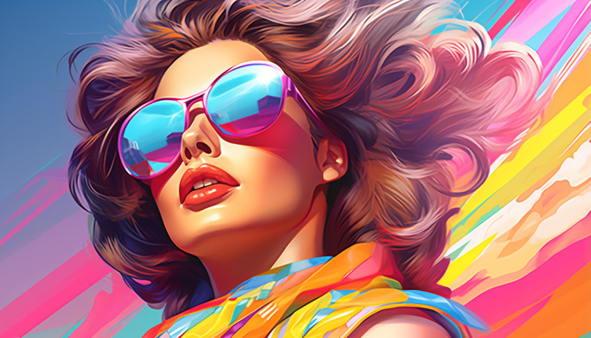 a woman in colorful sunglasses atop a beach graphic