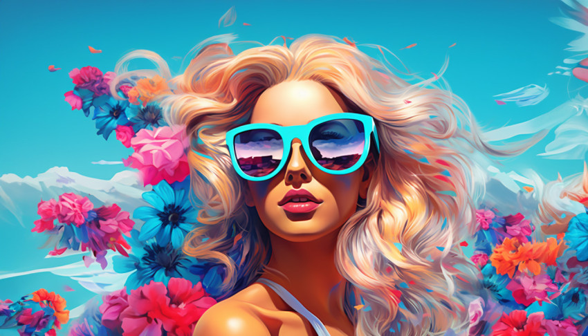a colorful girl in sunglasses and flowers