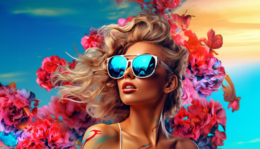 Girl with Colorful Sunglasses and Flowers