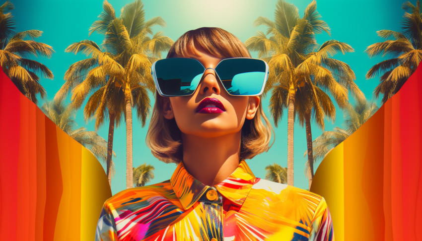 a woman wearing sunglasses and palm trees