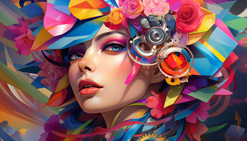 an artistic image of a female face decorated with a colorful pat