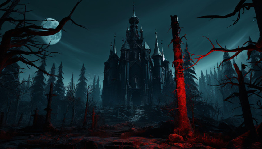 an old Gothic style castle surrounded by a dark night