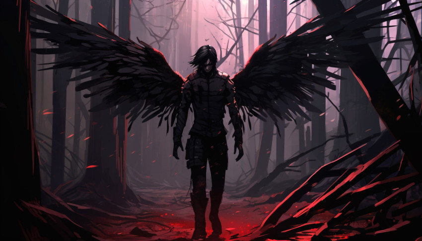 a male angel walking through a dark forest