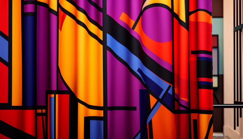 a geometric bathroom curtain featuring hot colors