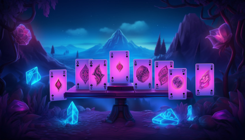 six poker cards are illuminated on a purple or blue background