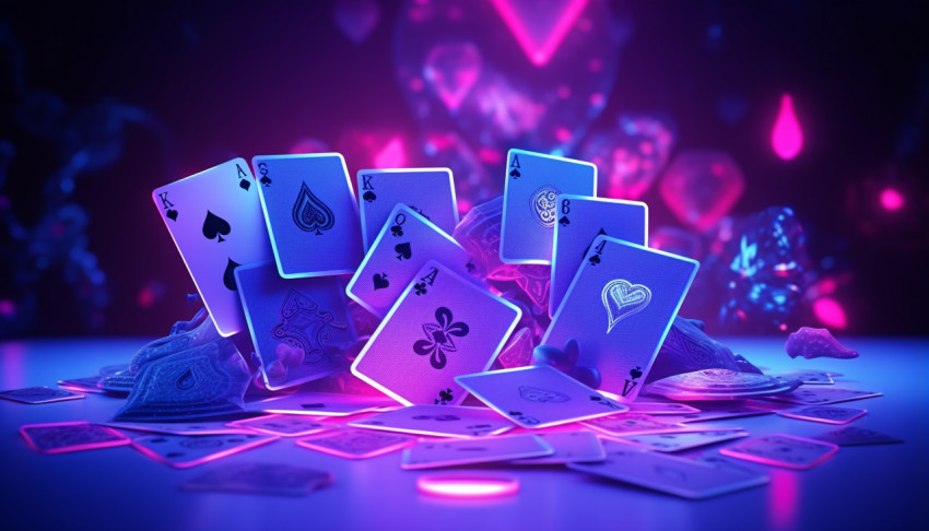 Poker cards glow purple in neon light